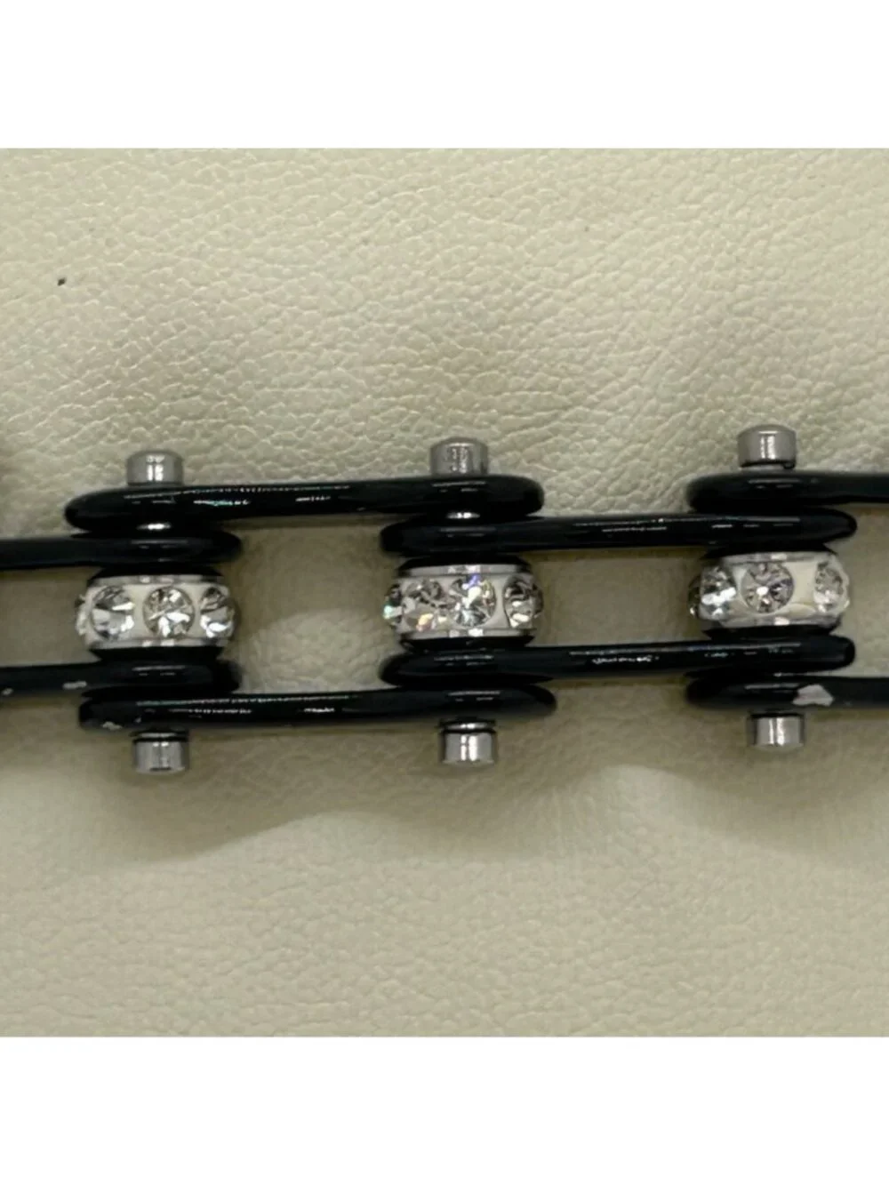 Black Stainless Steel Motorcycle Bike Chain Bracelet With Rhinestone Studs - Picture 4 of 11